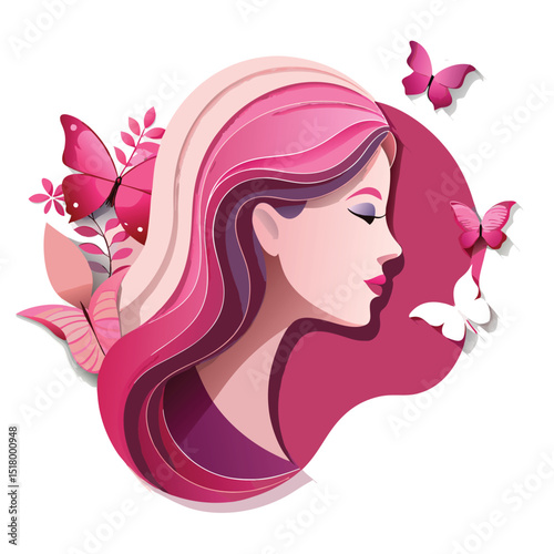 Woman profile with pink hair and butterfly decorations art