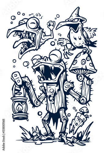 Hand-Drawn Modern Illustration of Quirky Characters and Creatures