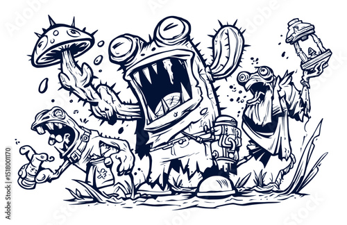 Playful Monster Illustration Featuring Whimsical Creatures in a Modern Style