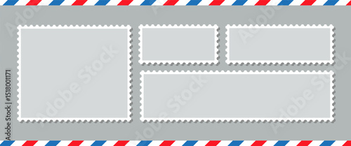 Empty stamps collection with different shapes. Postage perforated templates. Blank frames set for mail letter. Post stamps. Postal border. Paper postmarks isolated on background. Vector illustration.