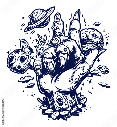 Detailed Hand Illustration with Cosmic Elements and Modern Artistic Style