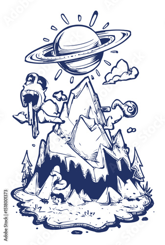 Hand-Drawn Modern Illustration of Mountain with Saturn and Creatures