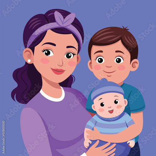 Cartoon illustration of a mother son and baby together