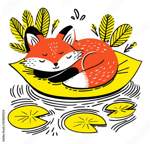 Modern Hand-Drawn Illustration of a Sleeping Fox on a Leafy Pond