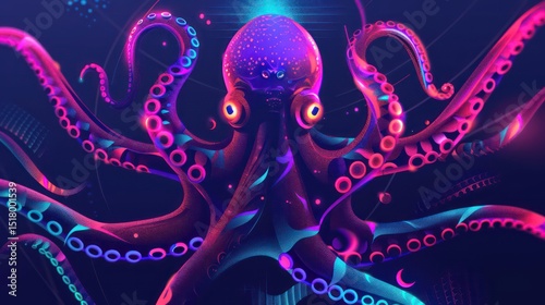 Glowing octopus with vibrant tentacles and geometric shapes on dark pop art background.