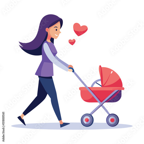 Woman walking with a baby stroller and hearts illustration