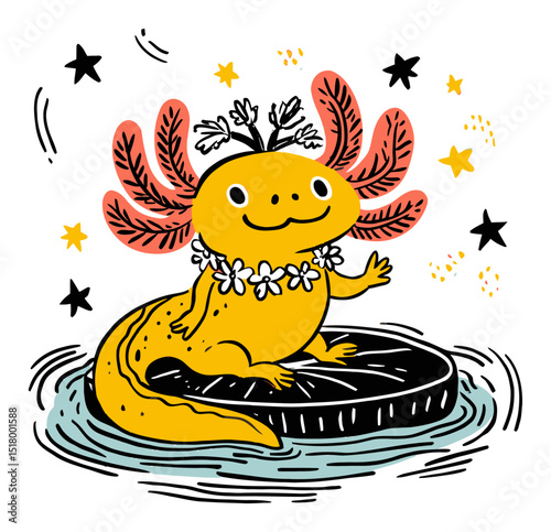 Charming Hand-Drawn Illustration of a Yellow Axolotl with Floral Accents