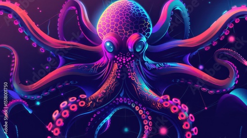 Glowing octopus with vibrant tentacles and geometric shapes on dark pop art background.
