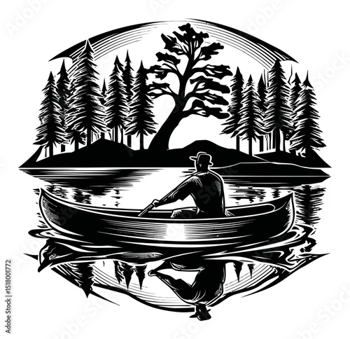 Black and White Linocut of a Fisherman in a Canoe on a Serene Lake