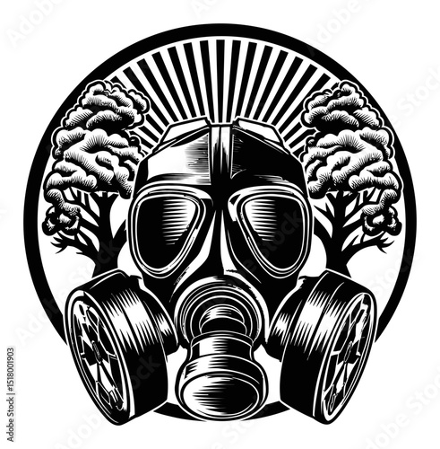 Intricate Linocut Style Engraving of a Gas Mask Surrounded by Trees