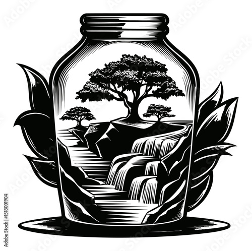 Black and White Engraving of Landscape in Jar with Trees and Waterfall