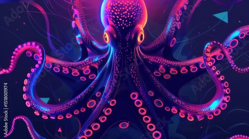 Glowing octopus with vibrant tentacles and geometric shapes on dark pop art background.