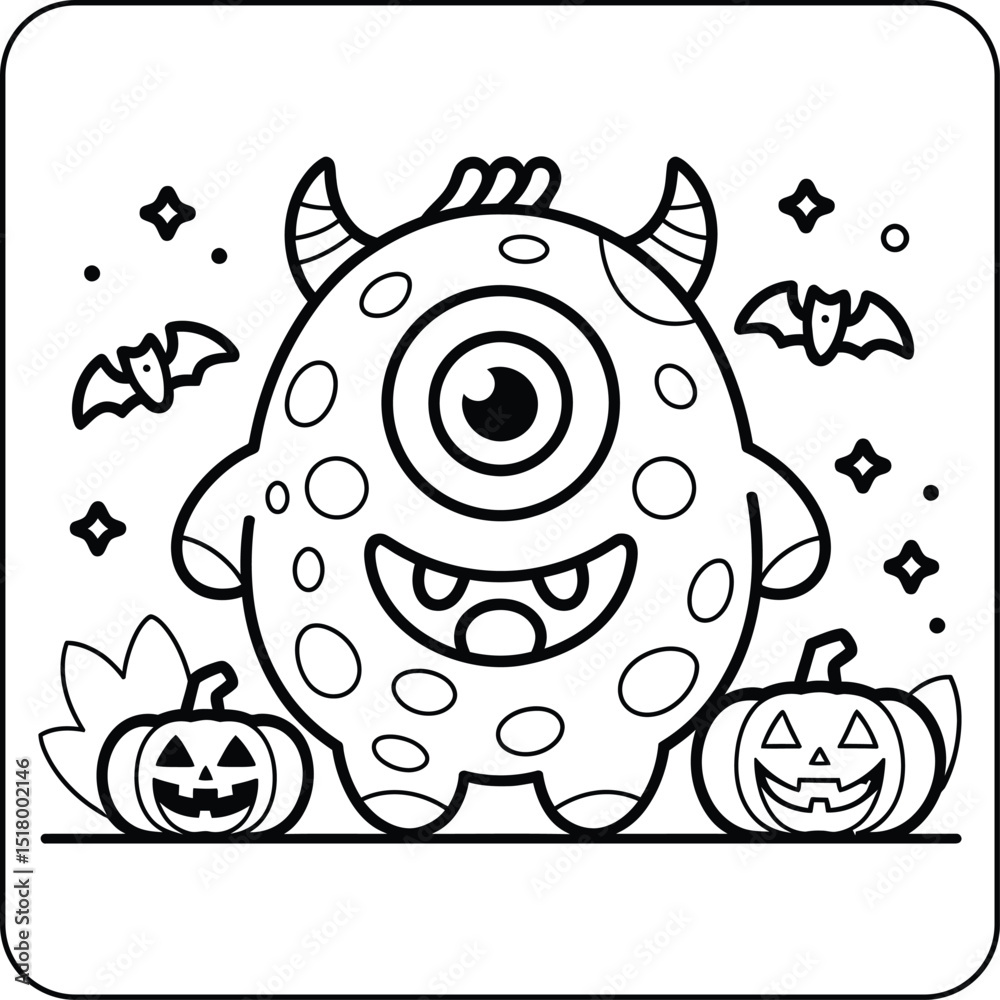 Fototapeta premium Cute Cyclops Monster with Pumpkins Line Art Halloween Coloring Page