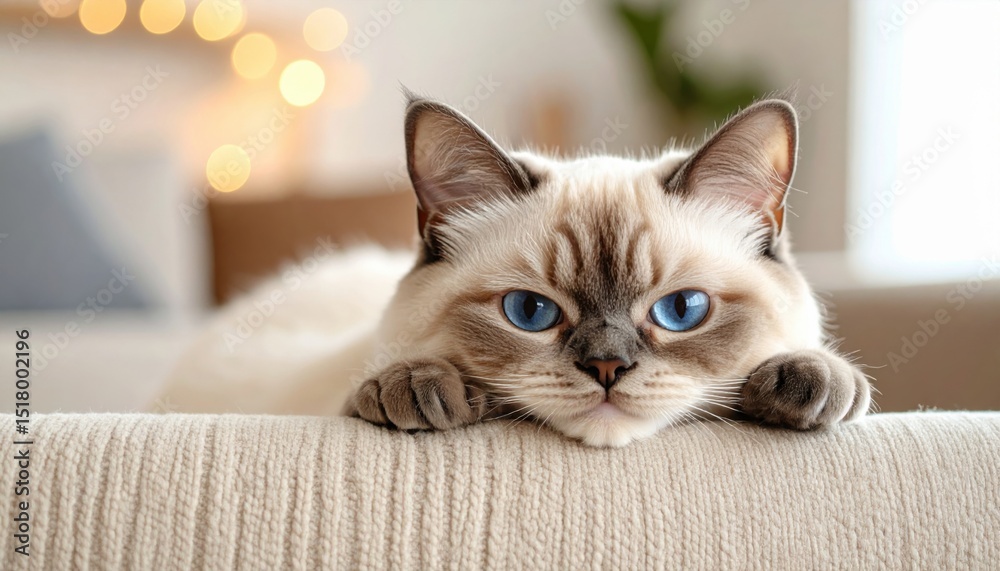 Obraz premium A cute cat with bright blue eyes leaning on a couch symbolizing comfort, domestic life, companionship, and emotional wellness at home