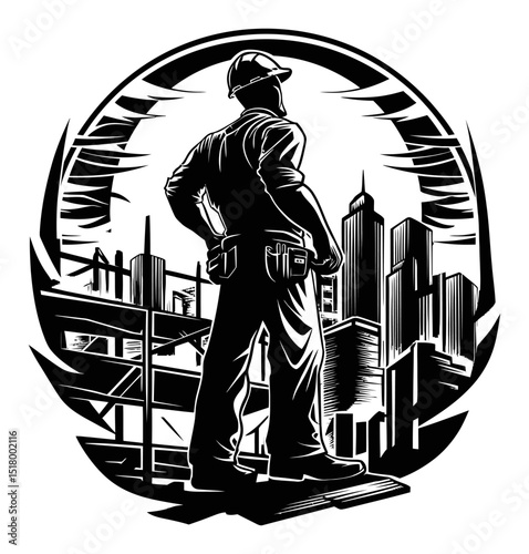 Engraved Artwork of Construction Worker Overlooking City Skyline