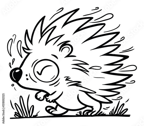 Playful Hedgehog Illustration in Black and White Line Art Style