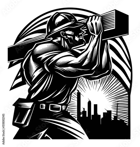 Strong Worker Carrying Wood Beam in Bold Linocut Style Engraving