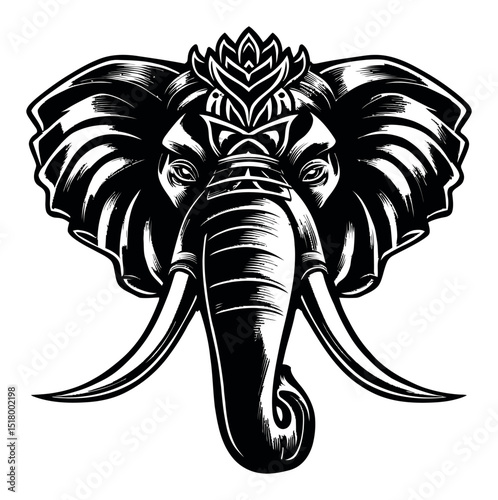 Intricate Linocut Style Illustration of a Majestic Elephant Head