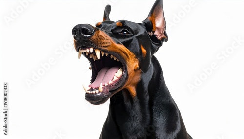 Aggressive Doberman showing teeth representing protection, danger, alertness, guard behavior or themes of personal safety and security threats