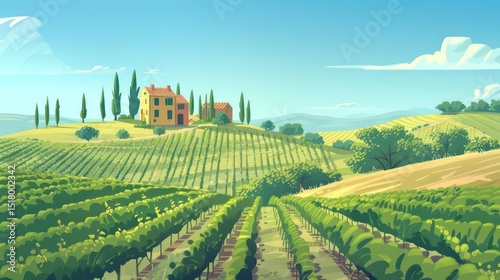 Tuscan hills with vineyards, olive trees, and a golden farmhouse under a clear blue sky.