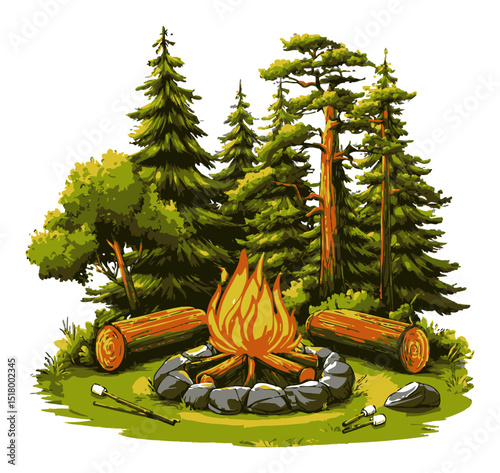 Hand-Drawn Illustration of a Cozy Campfire Surrounded by Lush Nature