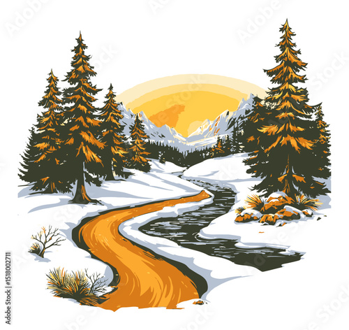 Hand-Drawn Modern Vector Illustration of Nature Landscape with Mountains