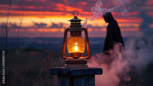 A lantern on a post with smoke billowing from it, illuminating the surroundings with a gentle, flickering light.