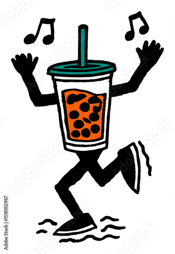 Playful Doodle of a Happy Beverage Character Dancing with Joyful Notes