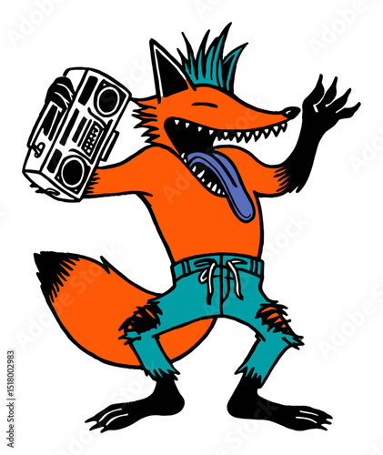 Playful Orange Fox with Boombox in Modern Doodle Style Illustration