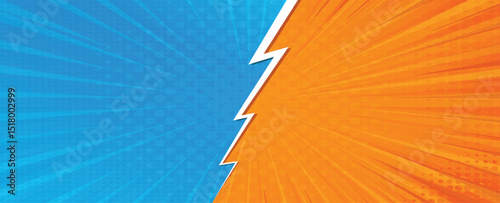 Pop art retro comic background. Abstract cartoon cover with versus lightning. Blue and orange vs frames for manga book. Vector