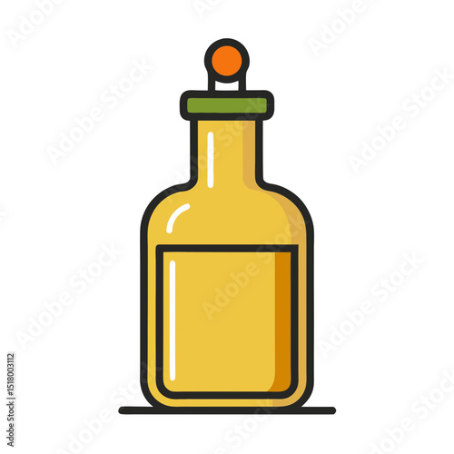 Cartoonstyle bottle containing golden liquid with an orange cap on top