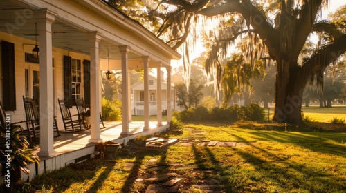 Southern plantation house with wraparound porch, rocking chairs, and moss-draped oak trees
