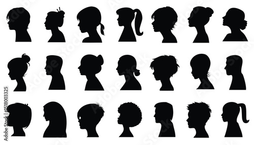 Profile people head silhouette collection. Group young people. Profile silhouette faces of different people