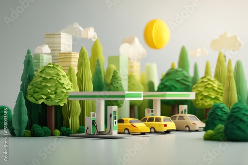 Eco friendly gas station providing sustainable energy in green city under the sun