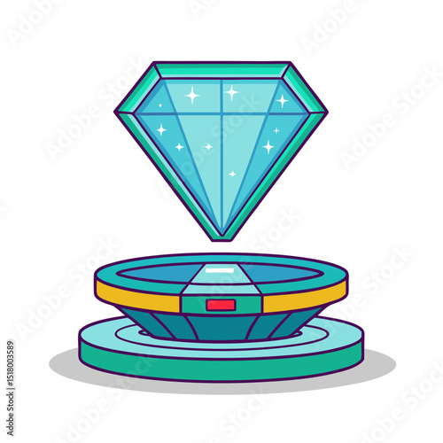 A vibrant illustration of a gem hovering above a futuristic platform stage
