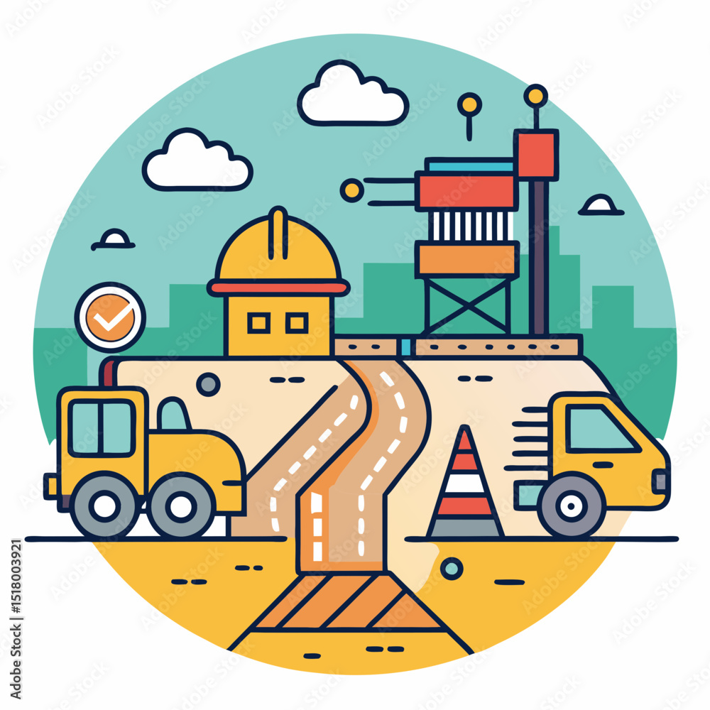Fototapeta premium Stylized construction scene with trucks, crane, and a yellow hardhat house