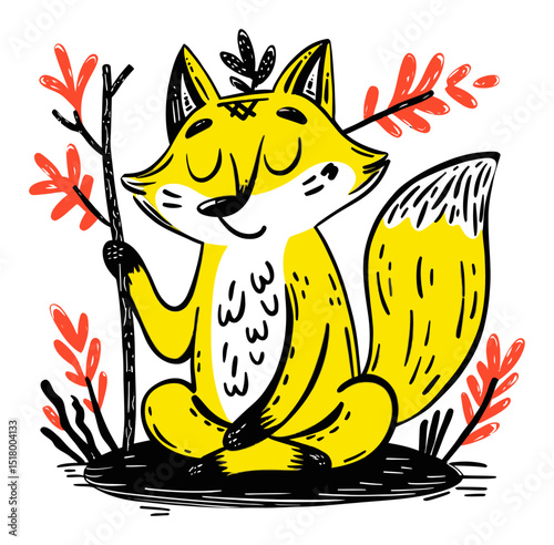 Cheerful Yellow Fox Surrounded by Leafy Branches in Modern Illustration Style