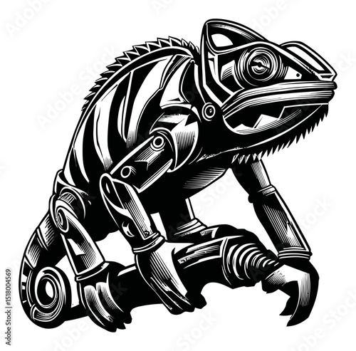 Modern Abstract Chameleon Engraving in Monochrome Linocut Style Artwork