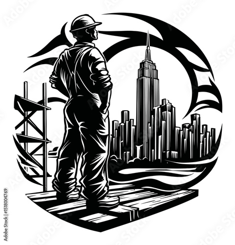 Worker Overlooking City Skyline in Engraved Linocut Design