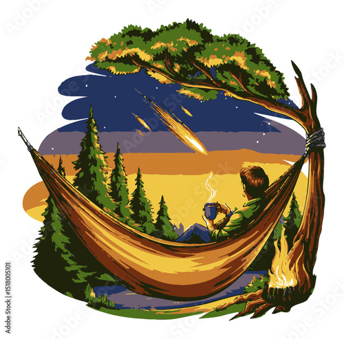 Serene Nature Escape with a Person Relaxing in a Hammock Under Stars