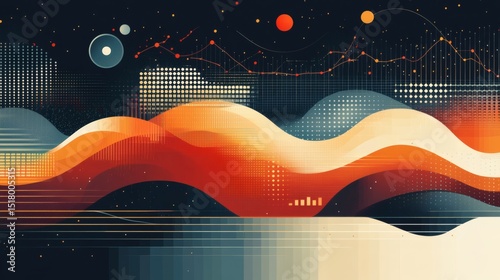 Abstract data visualization with flowing waves, dots, and lines on a dark background.
