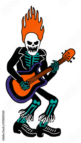 Hand-drawn Illustration of a Skeleton Rock Musician with Fiery Hair