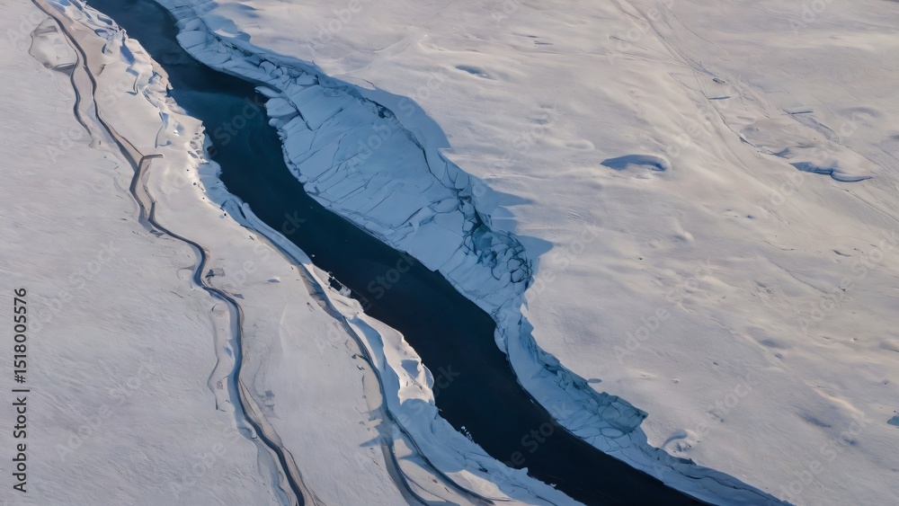 Fototapeta premium Aerial View of Snowfield and River Dividing Ice Formations. 