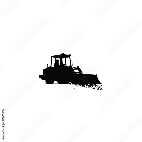 Silhouette of a bulldozer pushing dirt forward, action pose on white background