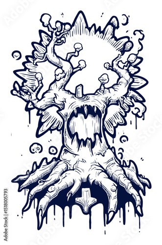 Detailed Modern Illustration of a Hand-Drawn Tree with Eerie Features