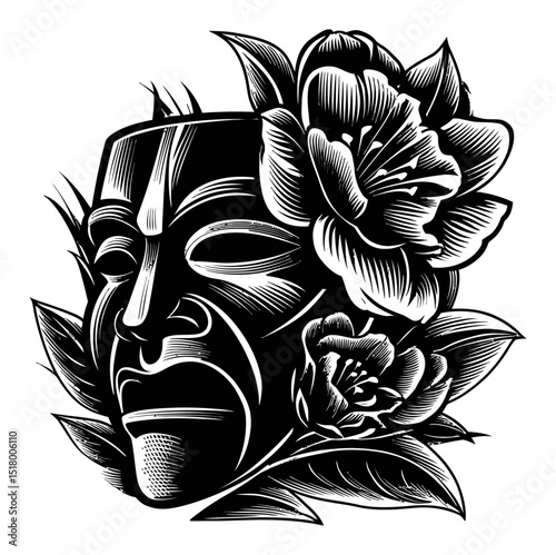 Black and White Engraving of a Mask Surrounded by Floral Elements