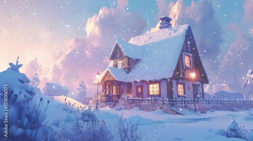 Cozy wooden house glowing in snowy Northern Europe landscape with gently falling snowflakes.