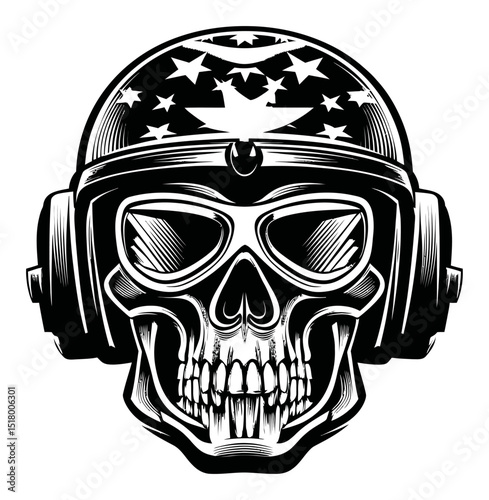 Detailed Engraving of a Skull Wearing a Pilot Helmet with Stars
