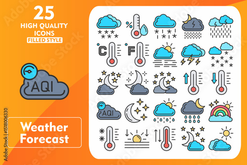 Weather Forecast Line Filled Icon Set. Incleded Icons Winter, Humidity, Sleet, Downpour, Heavy Rain, Celsius, Fahrenheit, Foggy Day, Thunderbolt. Vector Icons Collection