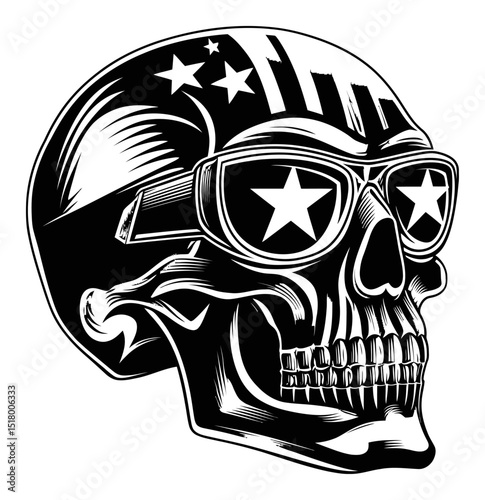 Detailed Engraving of a Skull Wearing Sunglasses with Stars Design